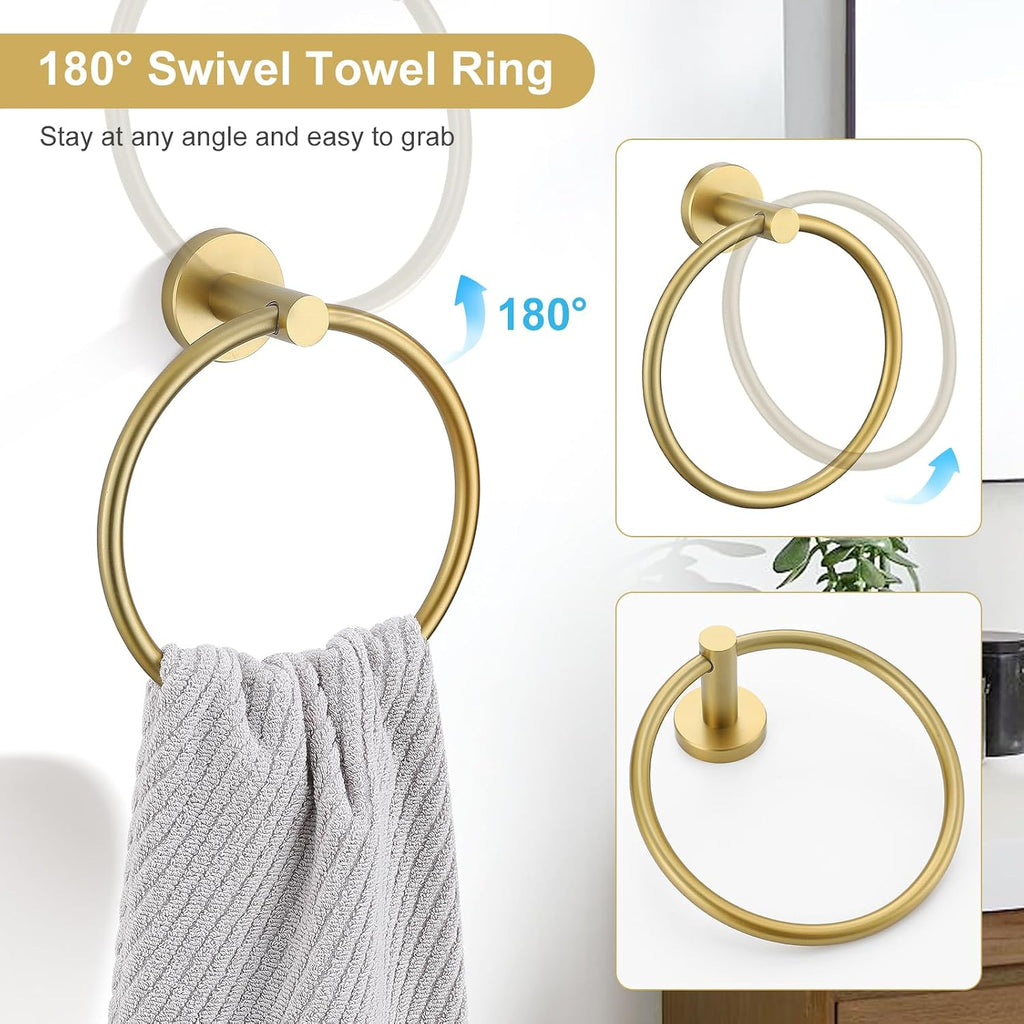 Brushed Gold Bathroom Hardware Set 6-Piece Bathroom Accessory Set 23.6 Inch Round Stainless Steel Towel Bar Set Wall