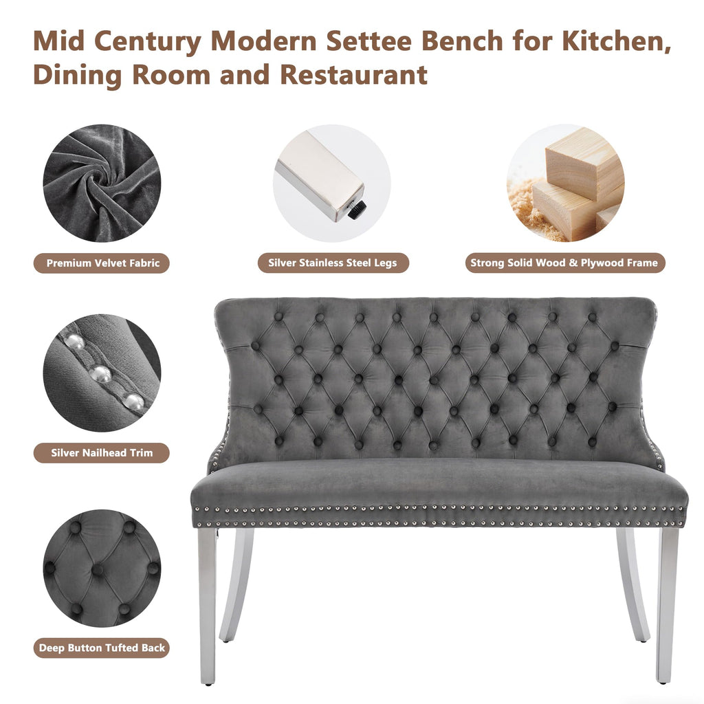 Luxury Settee Dining Bench with Back, Velvet Upholstered Banquette Benches with Nailhead Trim, Button Tufted Small