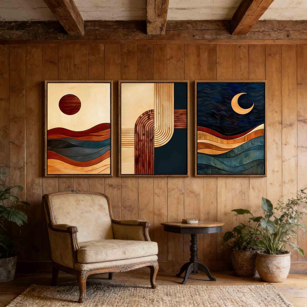 3-Piece: 24x36 Inch Framed Sun & Moon Modern Abstract Wall Art - Boho Mid-Century Geometric Canvas Decor