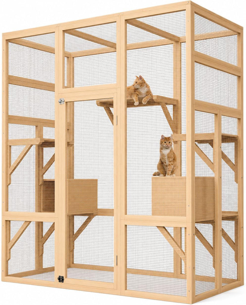 70" Large Catio Outdoor Cat Enclosure, Wooden Patio Cat House, Natural