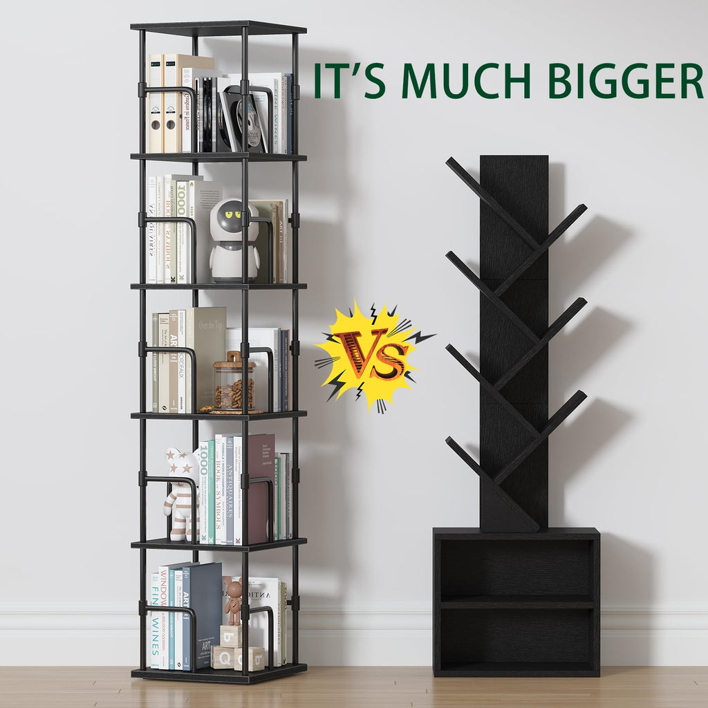 5-Tier Rotating Bookshelf, Freestanding Corner Bookshelf Industrial Style Storage Rack with Rails