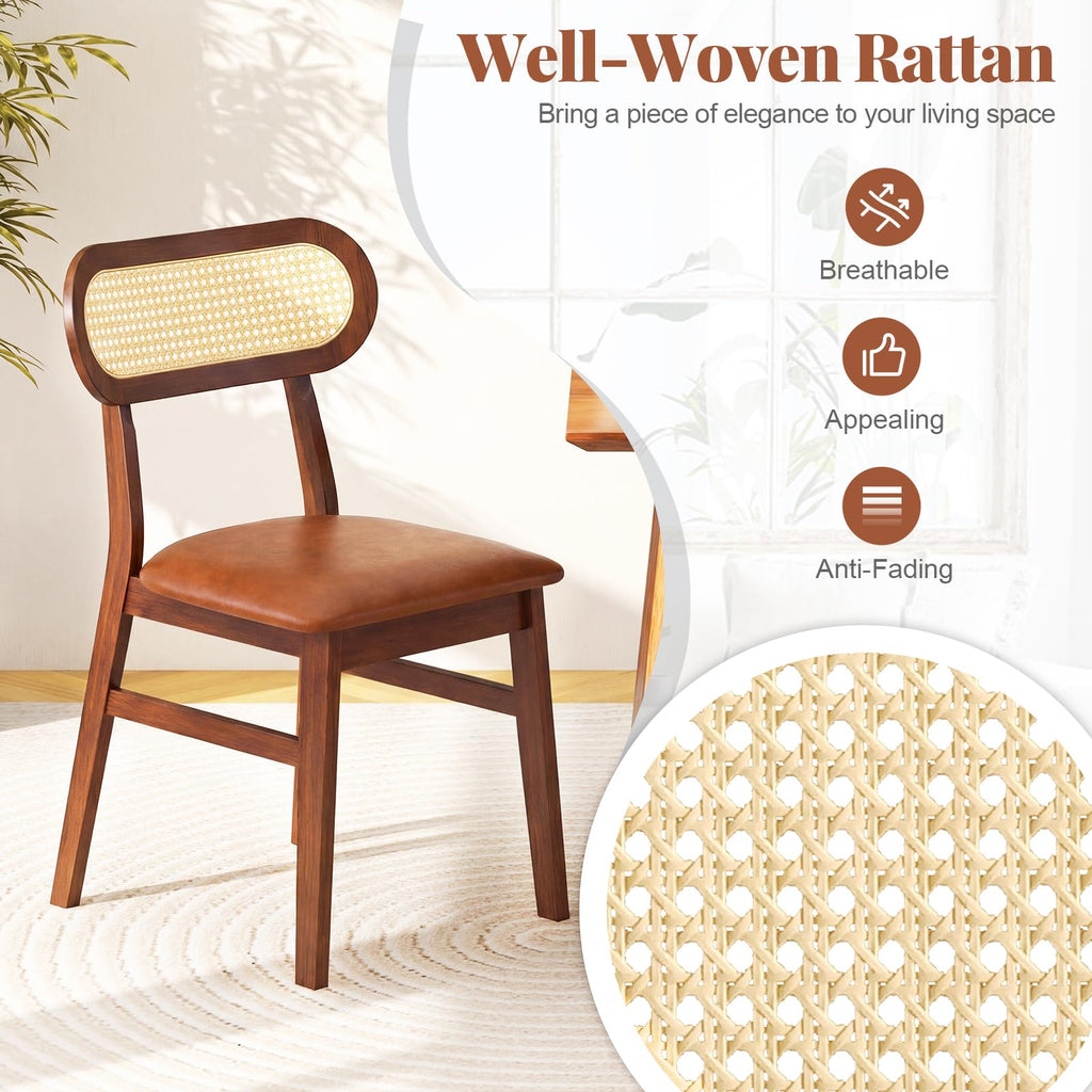 Wooden Dining Chairs Set of 2, Mid-Century Modern Kitchen Chairs with Upholstered Seat & Rattan Backrest, Faux