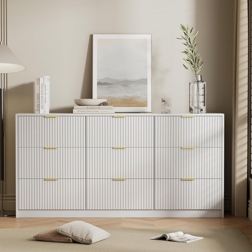 9 Drawer White Dresser, 63" Modern Fluted Dresser with Gold Handles and Smooth Slides, Wide Chest of Drawers for