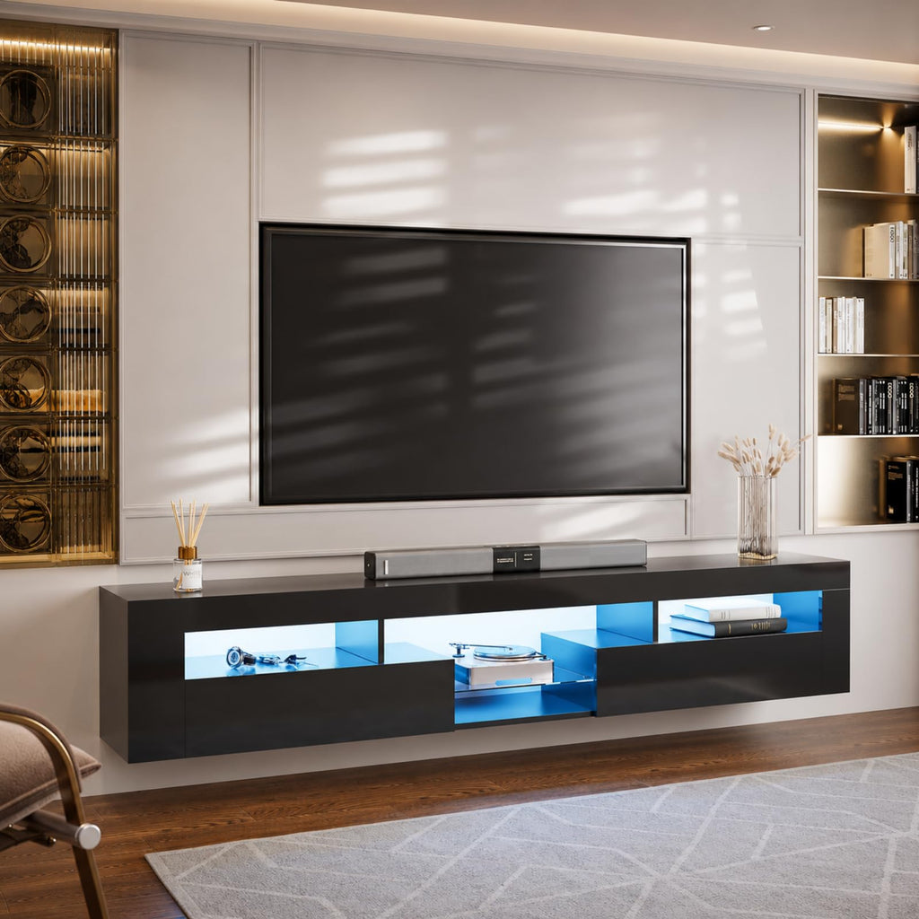 High Gloss LED Floating with 2 Cabinets, Glass Shelf, Black