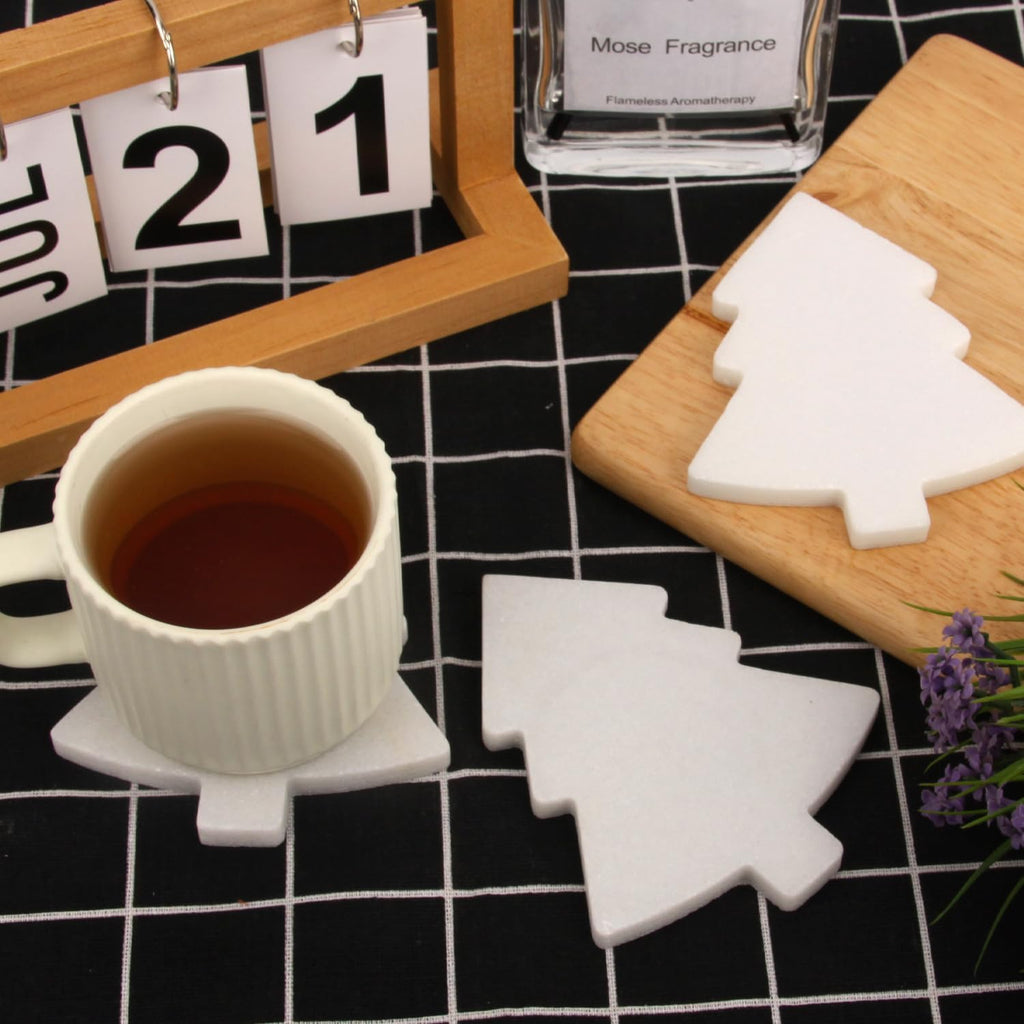 Marble Coasters, White, Pine Tree, 4 Inch - Set of 4