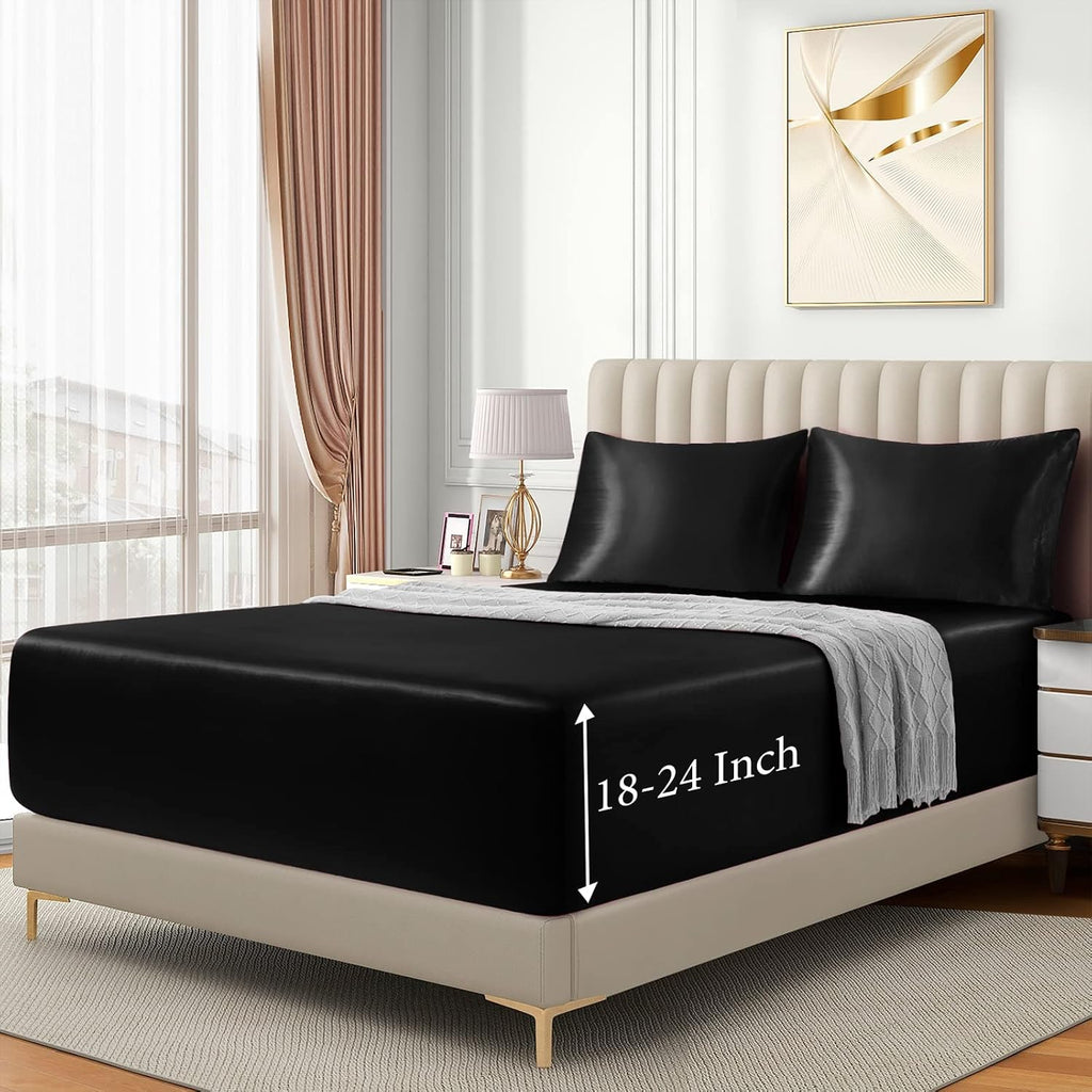 3pcs Extra Deep Pocket Satin Fitted Sheet Set King Bed Set, Black Bottom Sheet Fit 18-24 Inch Deep Pocket Mattress