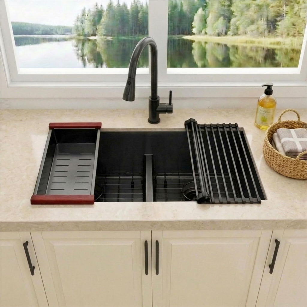 32 inch Double Bowl Kitchen Sink,Black Undermount Kitchen Sink 32 X 18 inch,16 Gauge Stainless Steel Undermount