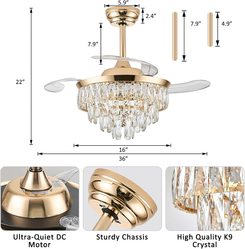 36" Crystal Ceiling Fan with Light, Retractable Fandelier with Remote/App