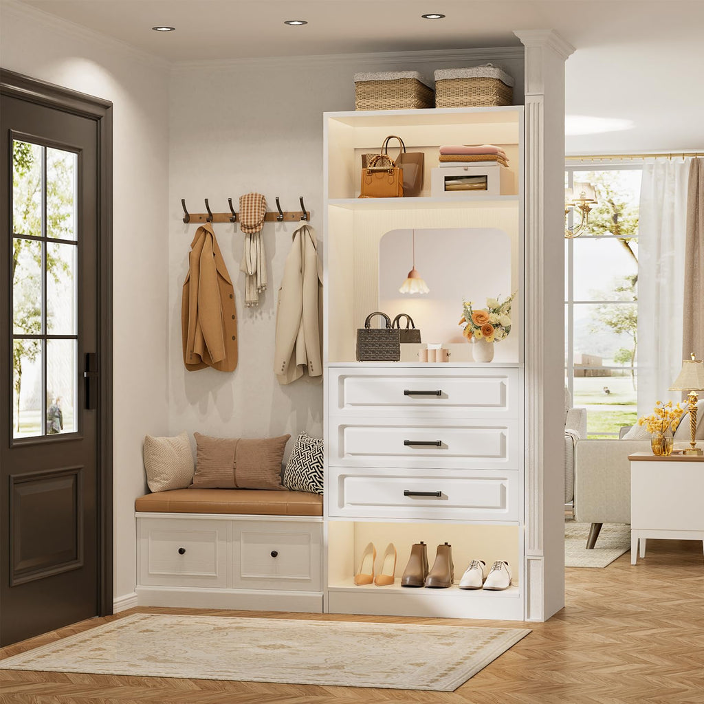 25" Closet System with 3 Drawers and Mirror, Wardrobe, White