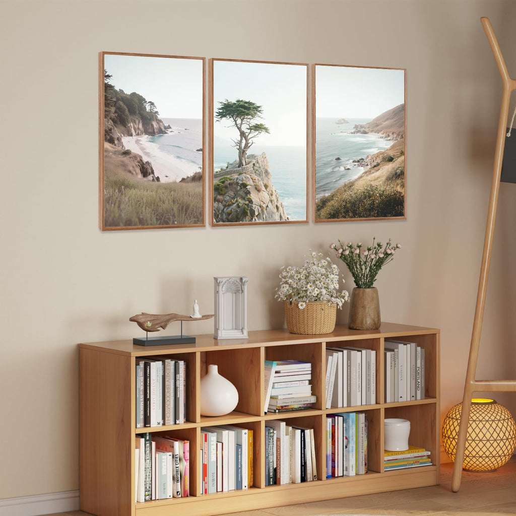 Coastal Seascape Framed Canvas Wall Art, Modern Beach Wall Decor, Neutral Pine Tree Painting, Natural Ocean Artwork