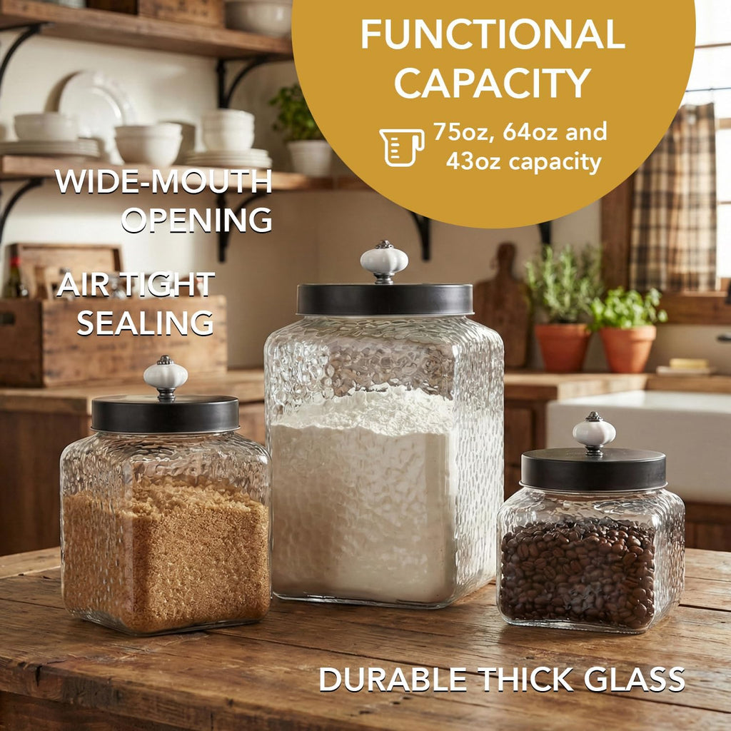 Clear Glass Kitchen Canisters Square Hammered, , 43/64/75oz - Set of 3