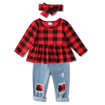 Girls Clothes Christmas Outfits, Cute Baby Girl Floral Long Sleeve Pant Set Flower Ruffle Top Red Plaid