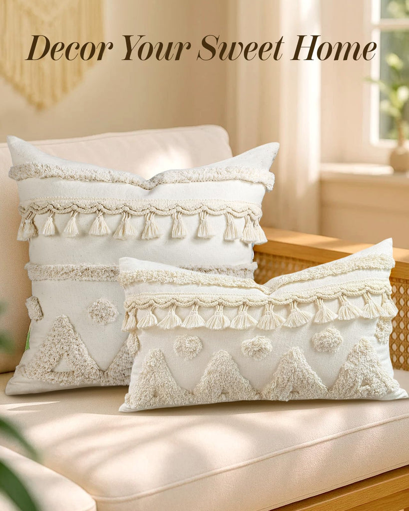 Lumbar Pillow Covers 12x20 - Tufted Boho Decorative Throw Pillow Cover with Zipper for Couch Sofa Bed Living Room
