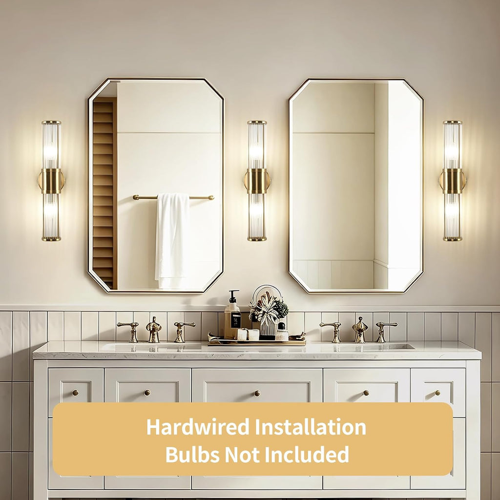Brushed Brass Vanity Light Fixture 1 Pack, Dual Glass Rods Wall Sconce , Double Light Socket E12 Candelabra Base