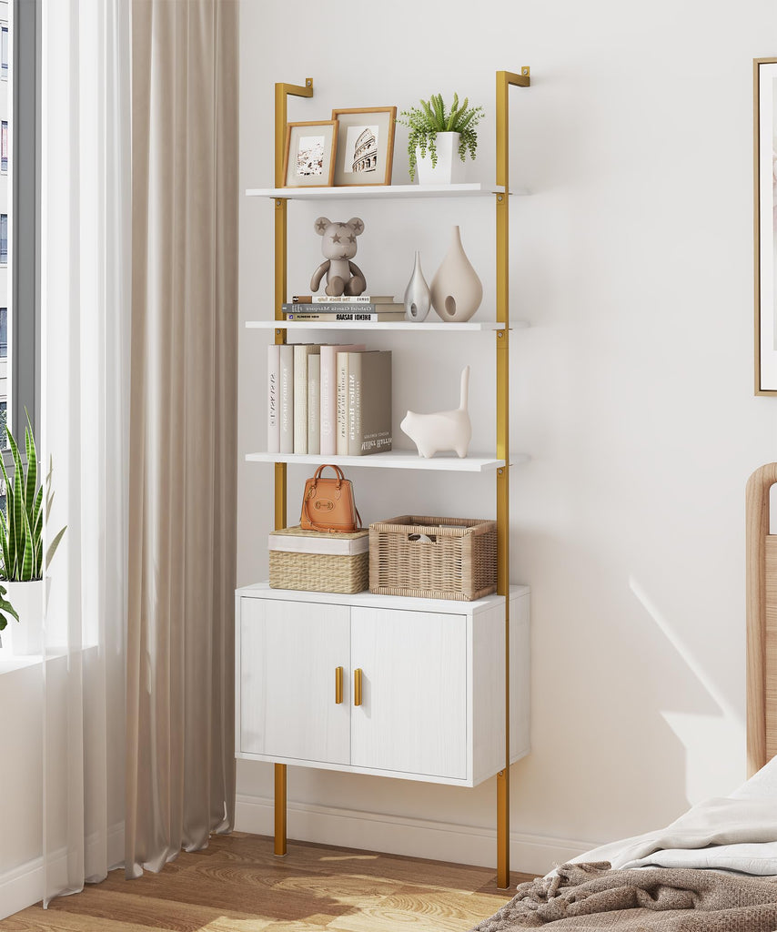 73" Tall Bookshelf with Cabinet, Industrial Ladder Wall Mount Shelf Bookcase with Wood and Metal Frame, Plant Shelf