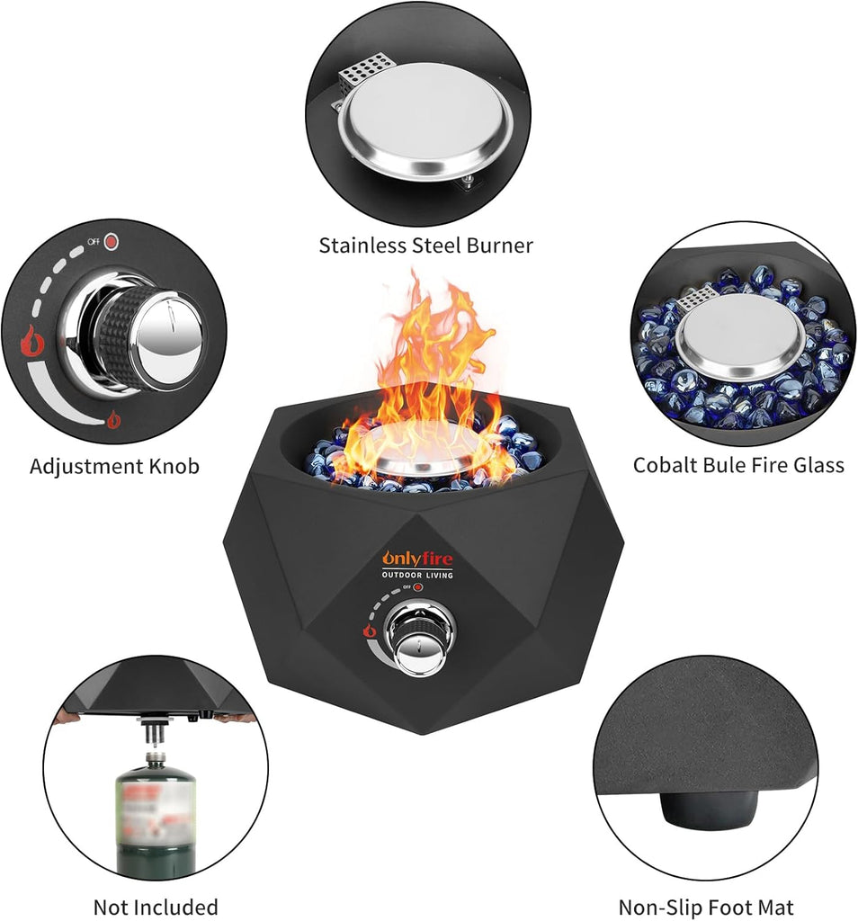 14” Modern Tabletop Fire Pit for Table with Umbrella Hole, Portable Gas Firepit for 1lb Propane Gas
