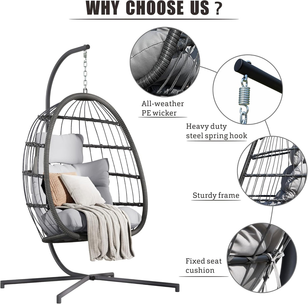 Hanging Egg Chair with Stand, Swing Hammock Chair with Cushion for Indoor Outdoor, Patio Wicker Egg Swing Chair for