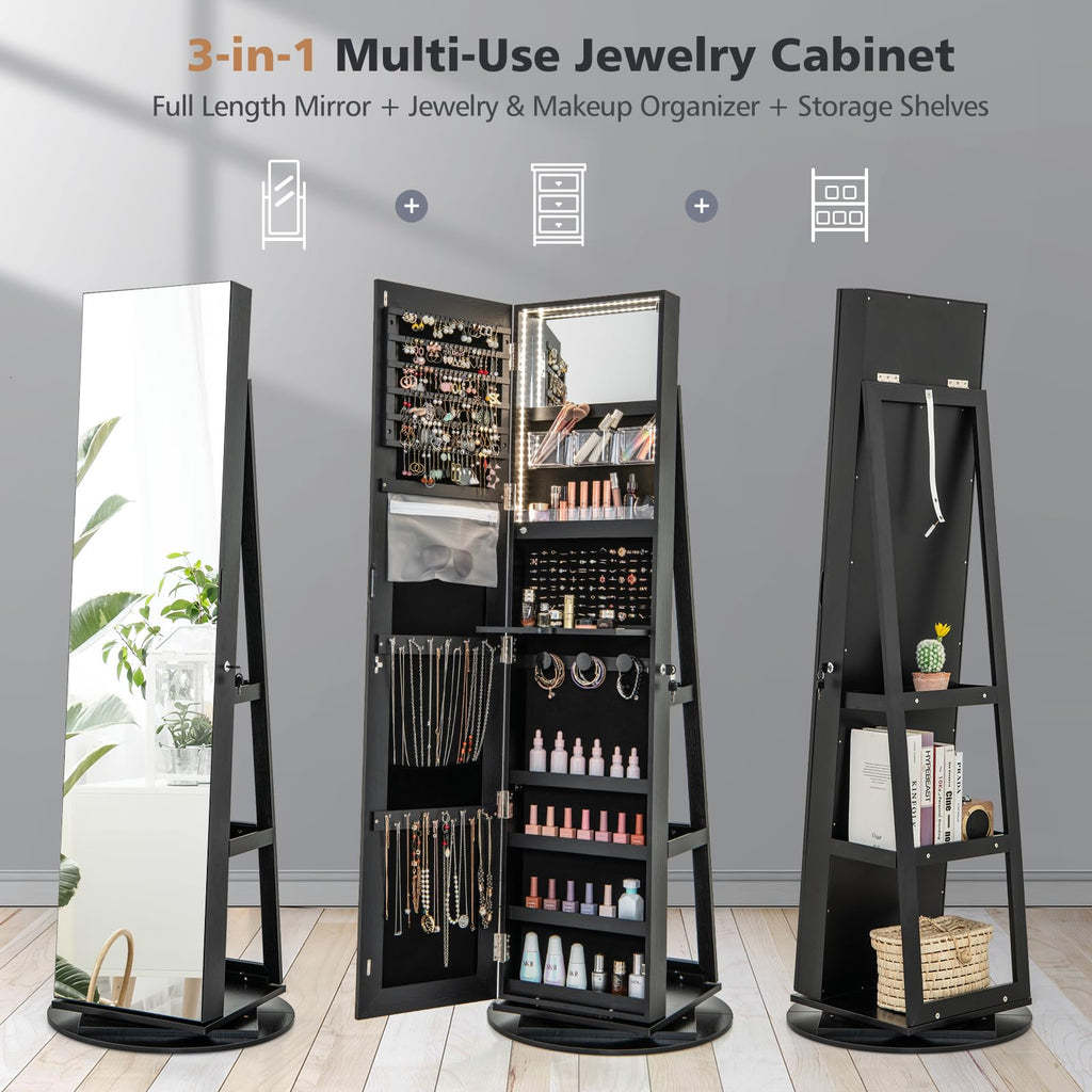 Swivel Jewelry Armoire, Full Length Mirror, Lockable, Black