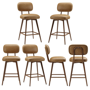 26" PU Leather Swivel Bar Stools Set of 6, Mid Century Counter Height Bar Chairs with Low Back and Metal Legs, Modern