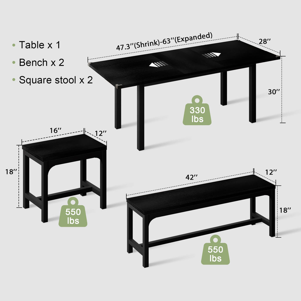5-Piece Dining Table Set for 4-8 People, 63" Large Extendable Kitchen Table Set with 2 Benches and 2 Square Stools