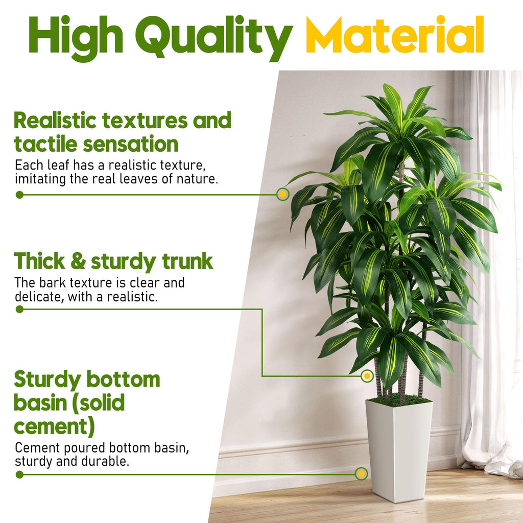 Dracaena Tree Indoor, 5FT Tall Fake Tree with White Tall Planter