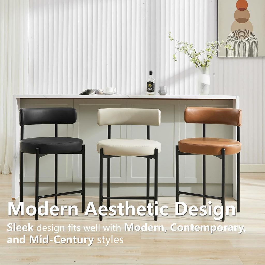 24'' Faux Leather Bar Stools Set of 3, Counter Height Bar Stools with Backs, Upholstered Counter Chairs Island (Vegan