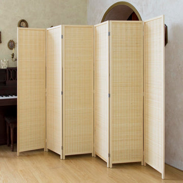 6 Panel Bamboo Room Divider - 5.6 ft Tall Natural Beige Folding Privacy Screen, Double-Sided Freestanding Partition