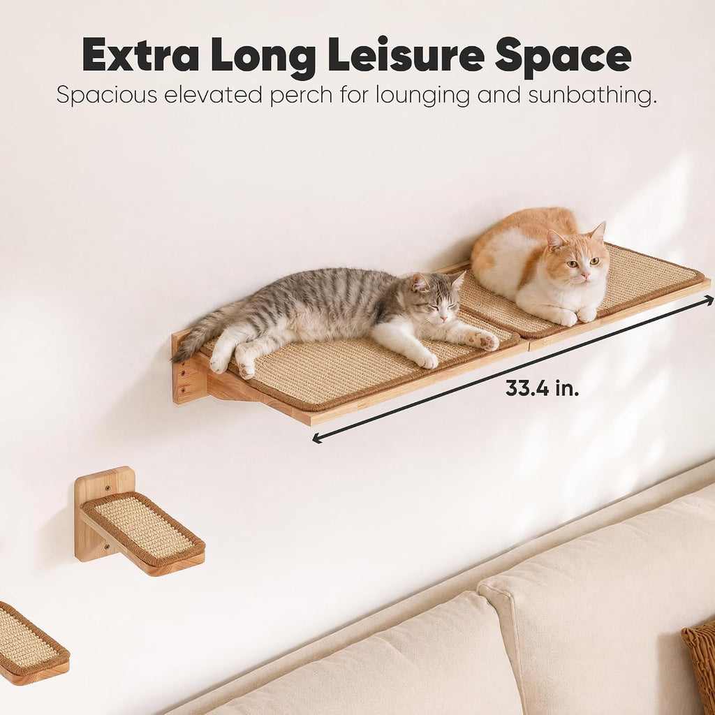 Cat Wall Shelves 4 Set, Solid Rubber Wood Shelf with Sisal Mat