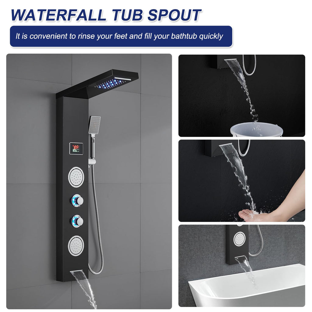 5-in-1 LED Rainfall Waterfall Shower Panel Tower System Black