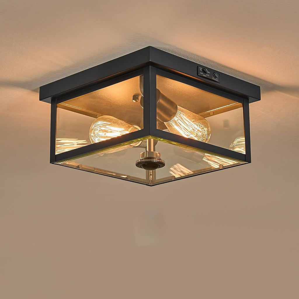 Adjustable Motion Sensor Ceiling Light Fixture Outdoor Modern Design of Squares Flush Mount 2-Light Textured Black