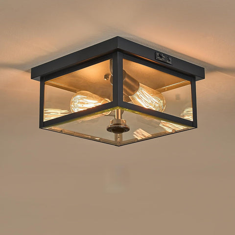 Adjustable Motion Sensor Ceiling Light Fixture Outdoor Modern Design of Squares Flush Mount 2-Light Textured Black