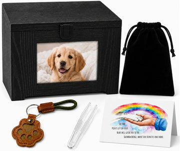 Dog Urn for Ashes - Wood Pet Cremation Box with Photo Frame, Cat Dog