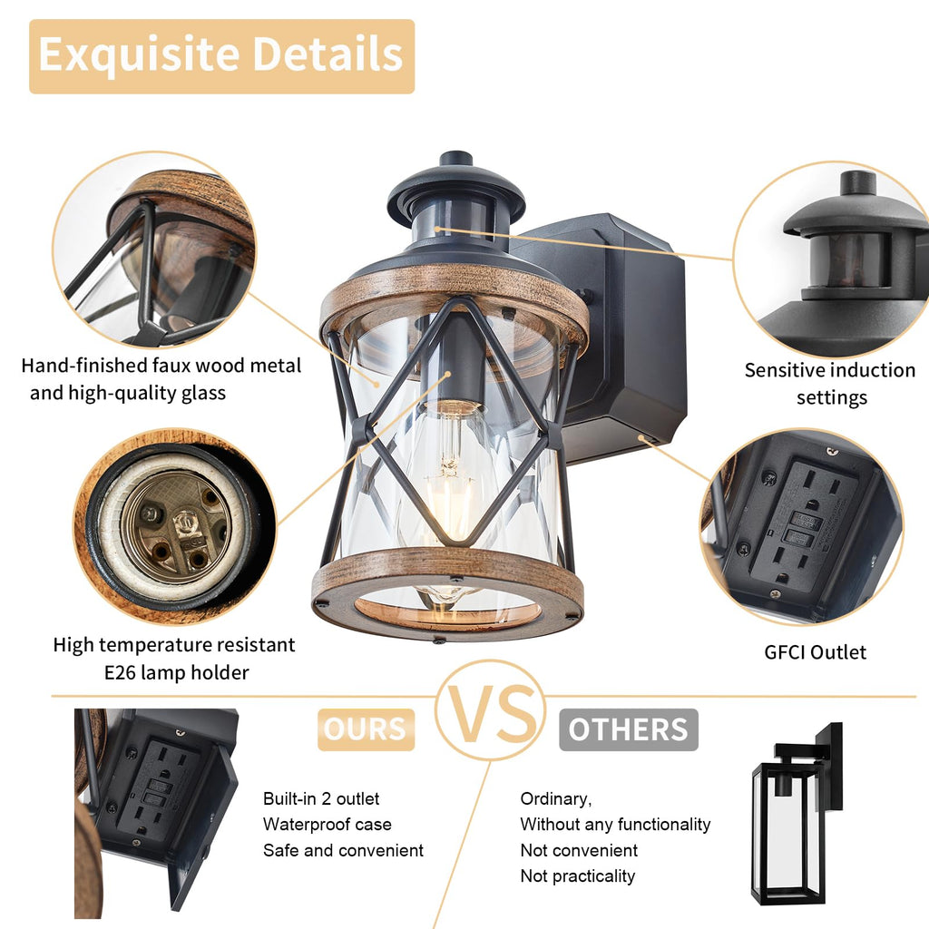 Dusk to Dawn Motion Sensor Outdoor Porch Light with GFCI Outlet, 3 Lighting Modes Anti-Rust Waterproof Industrial