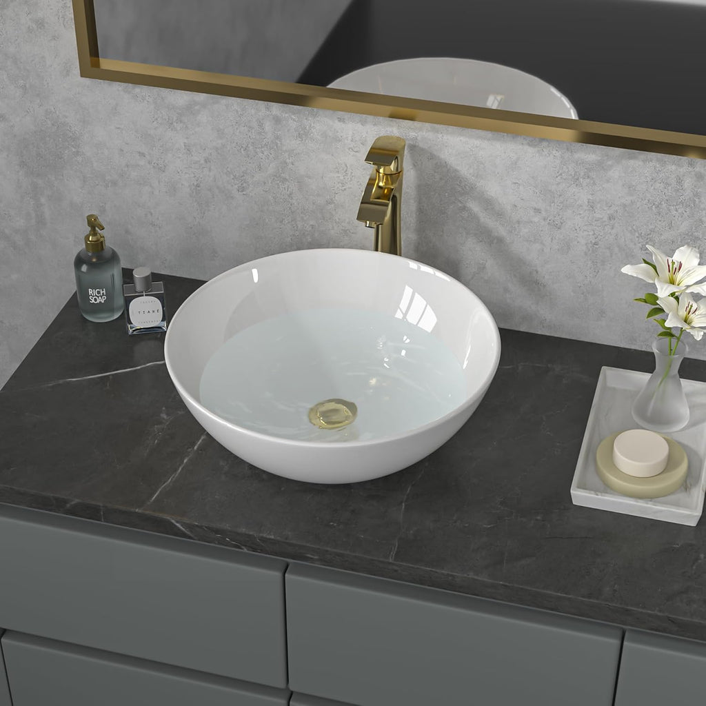 Vessel Sink Round - 16"x16" Modern Round Bowl Above Counter White Porcelain Ceramic Bathroom Vessel Vanity Sink