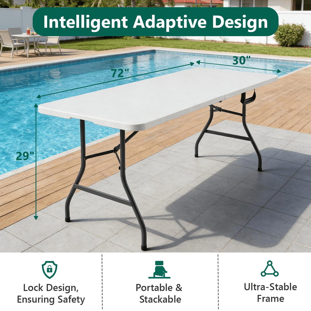Folding Table 1 Pack, 6FT Folding Table Portable with Built-in Handle, Heavy Duty Plastic Table with Steel Legs