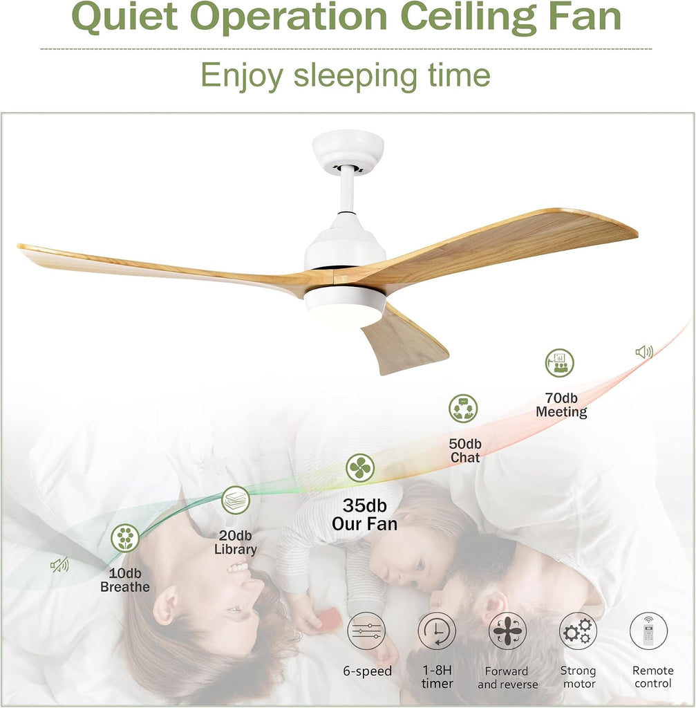 52 Inch Wood Ceiling Fan with Light and Remote - Quiet Reversible DC Motor, 6 Speed - White & Natural Wood