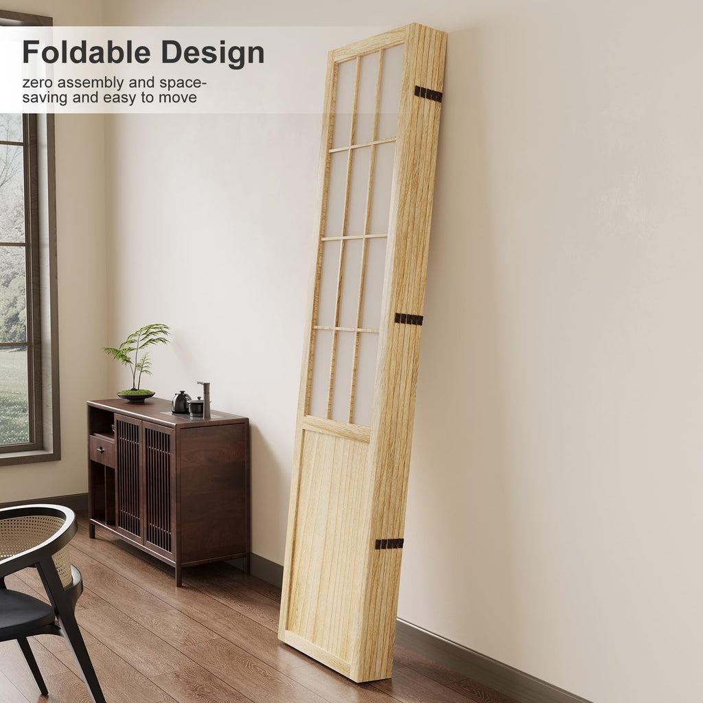 Room Divider, 66.9Inch Tall Japanese Shoji Style Folding Wood Screen with Double Hinges Bedroom Hotel Decoration