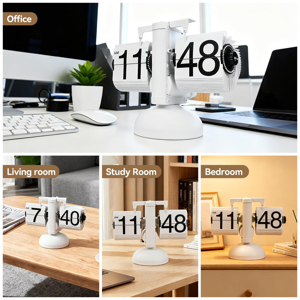 Retro White Flip Desk Clock, Vintage Metal Table Flip Clock