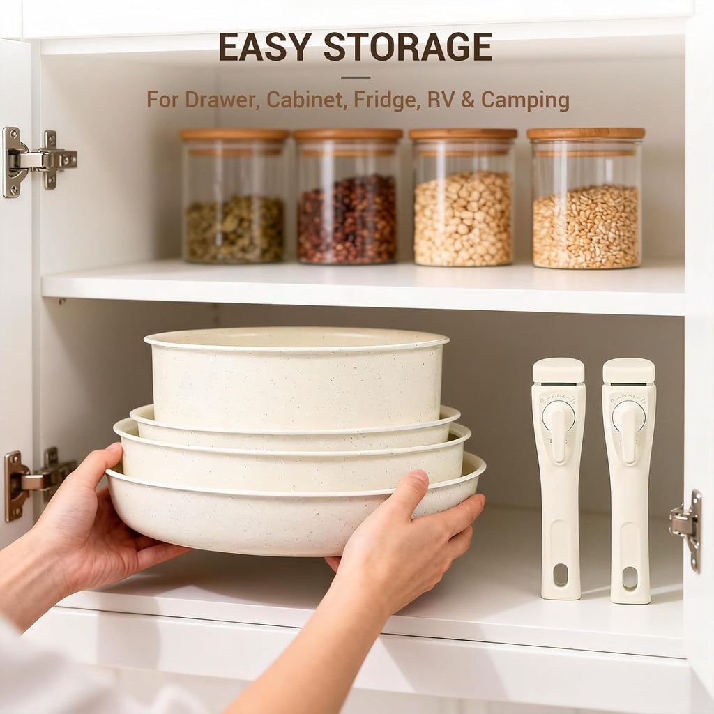 Pots and Pans Set Non Stick, Ceramic Cookware Set with Removable Handles, Stackable Space Saving Kitchen Set