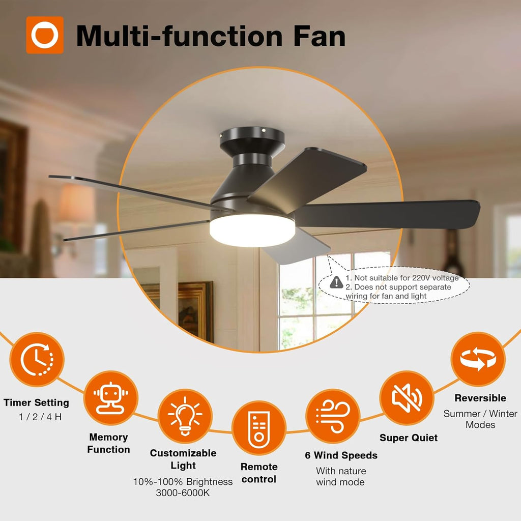 Ceiling Fans with Lights, 42 Inch Low Profile Ceiling Fan with Light and Remote Control, Flush Mount, Reversible, 3CCT, Dimmable, Quiet, Black Small Ceiling Fan for Bedroom Indoor/Outdoor Use A103-B0CLNKYN38