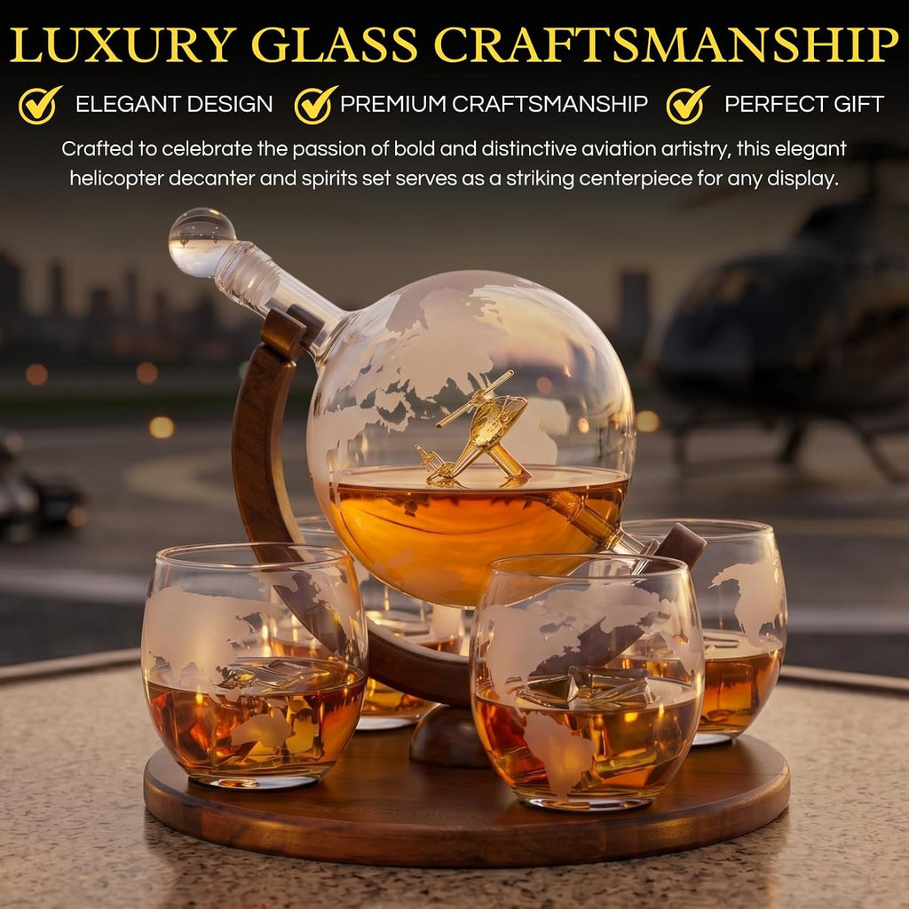 Helicopter Whiskey Decanter Set - For pilots & aviation fans. Unique globe decanter with military helicopter design.