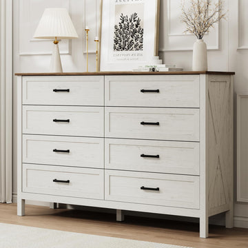 Farmhouse 8 Drawer Dresser, 55 Inch Wide Wood Rustic Chest of Drawers with X-Marking & Bar Handle, Large Storage