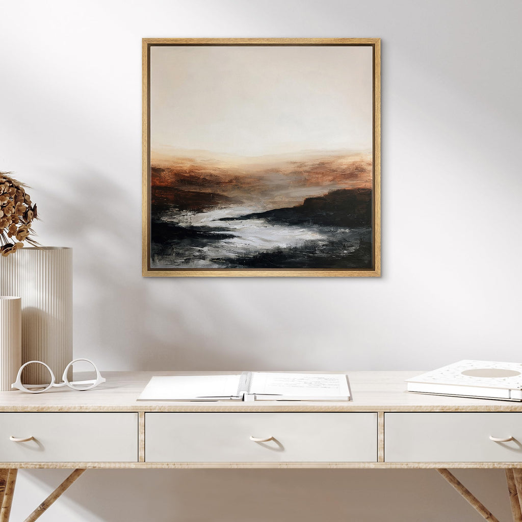 Framed Canvas Print Wall Art Moody Sunset Rocky Ocean Coast Illustrations Modern Art Decorative Relax - 24"x24"