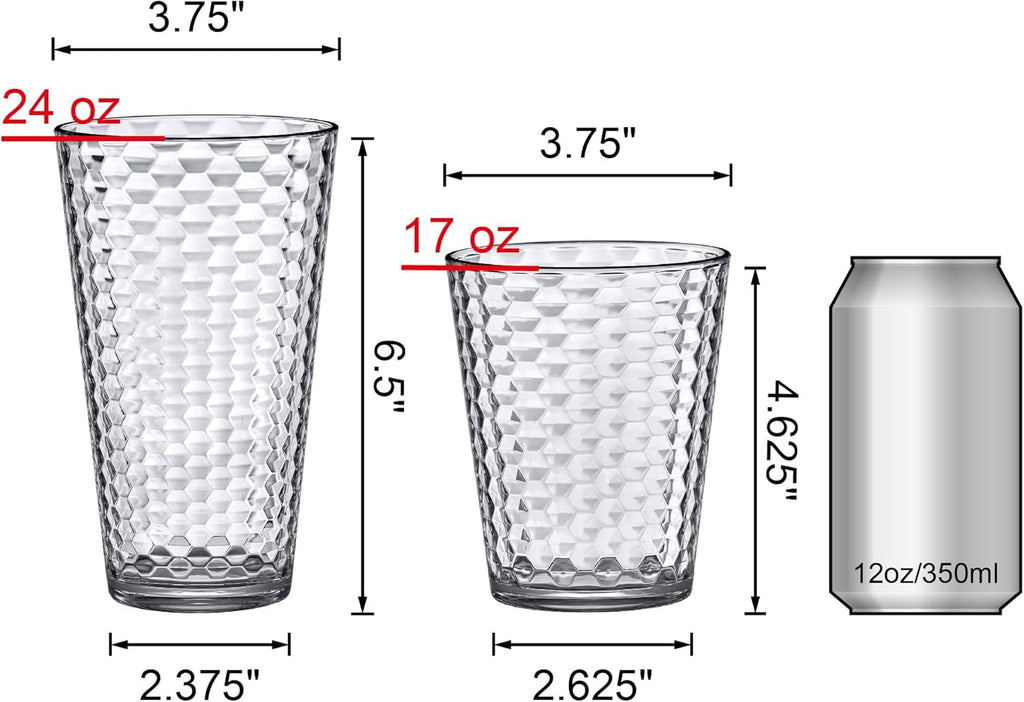 Snowflake - 16-Ounce and 24-Ounce Tumblers (Set of 12), Clear Reusable Plastic Cups, Stackable, BPA-Free