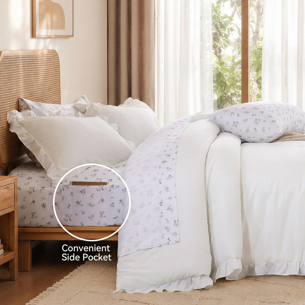 Ruffle Comforter Set with Floral Sheets 7 Pieces Cream White