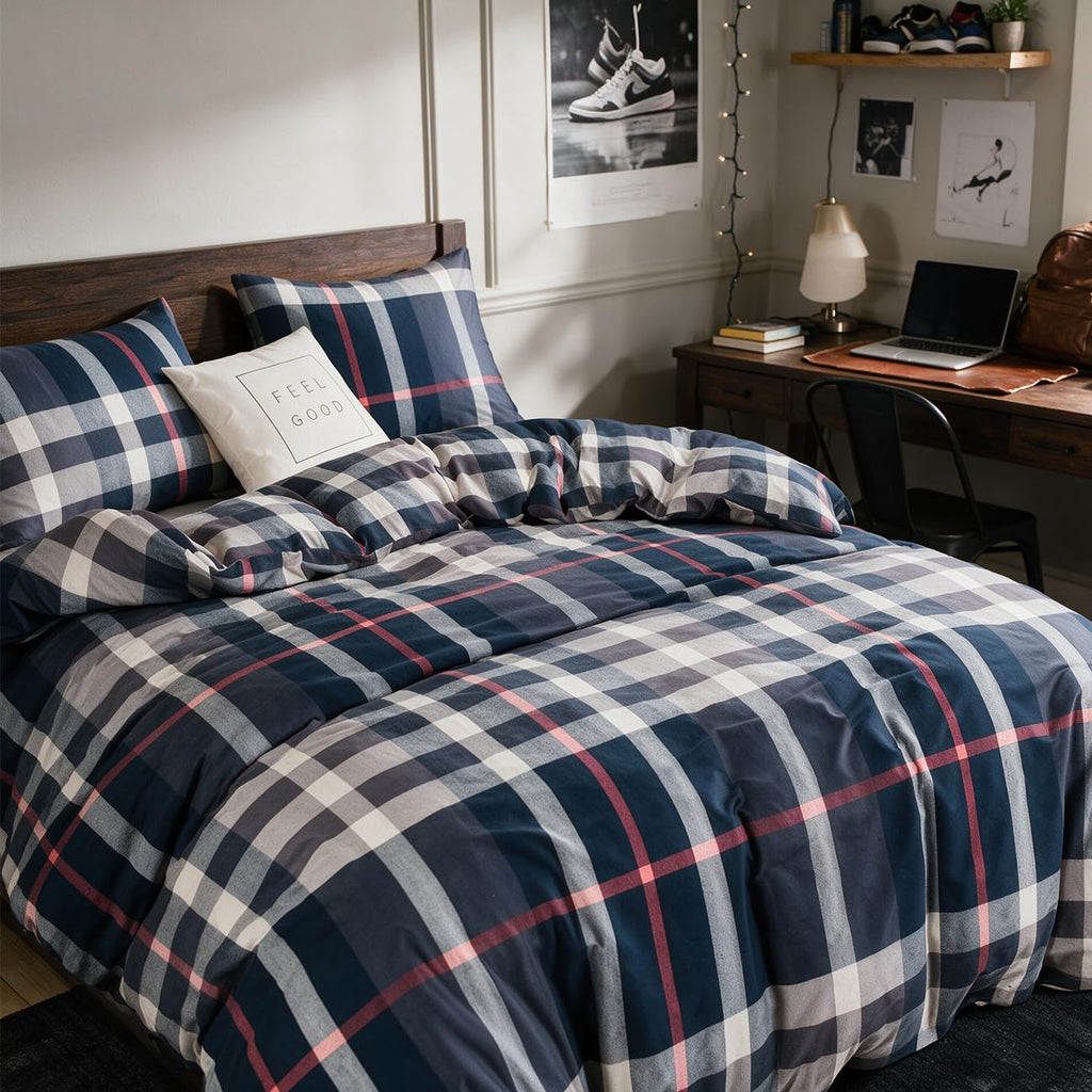 Blue Plaid Comforter Set 3Pcs Buffalo Tartan Bedding Sets