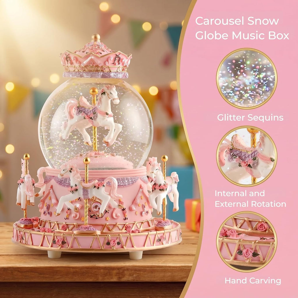 Carousel Snow Globe Music Box: LED Light Rotating Horses for Girls