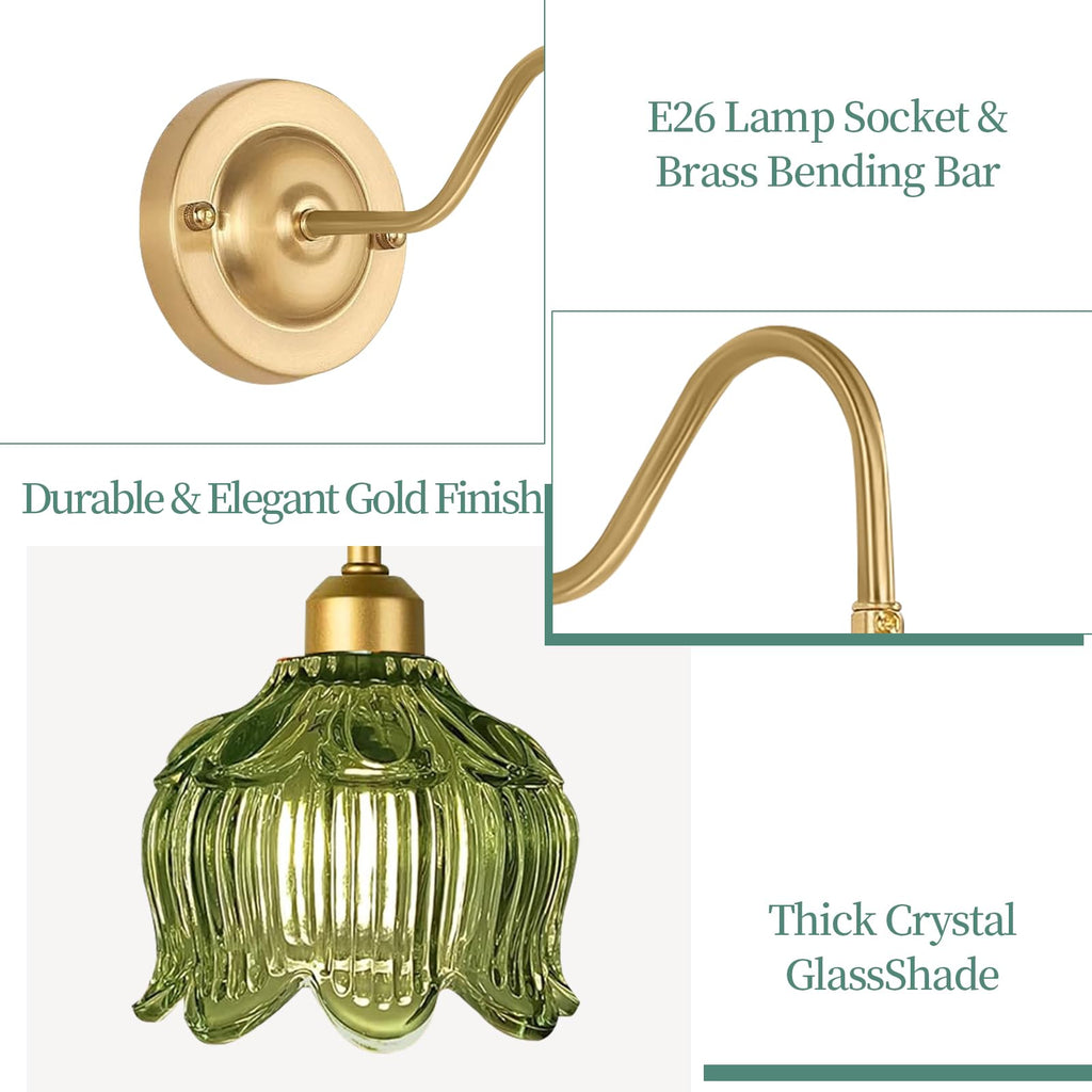 Vintage Plug in Wall Sconces Set of Two,Dimmable Wall Sconces Lights with Plug in Cord & Glass Lampshade,Gold Flower