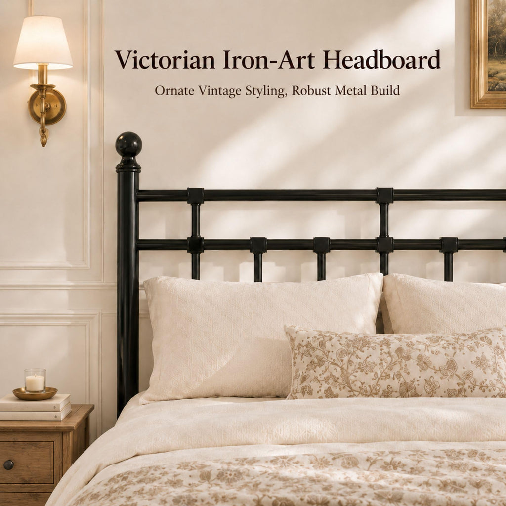 Queen Size Metal Platform Bed Frame with Victorian Iron-Art Tall Headboard and Footboard, Mattress Foundation for