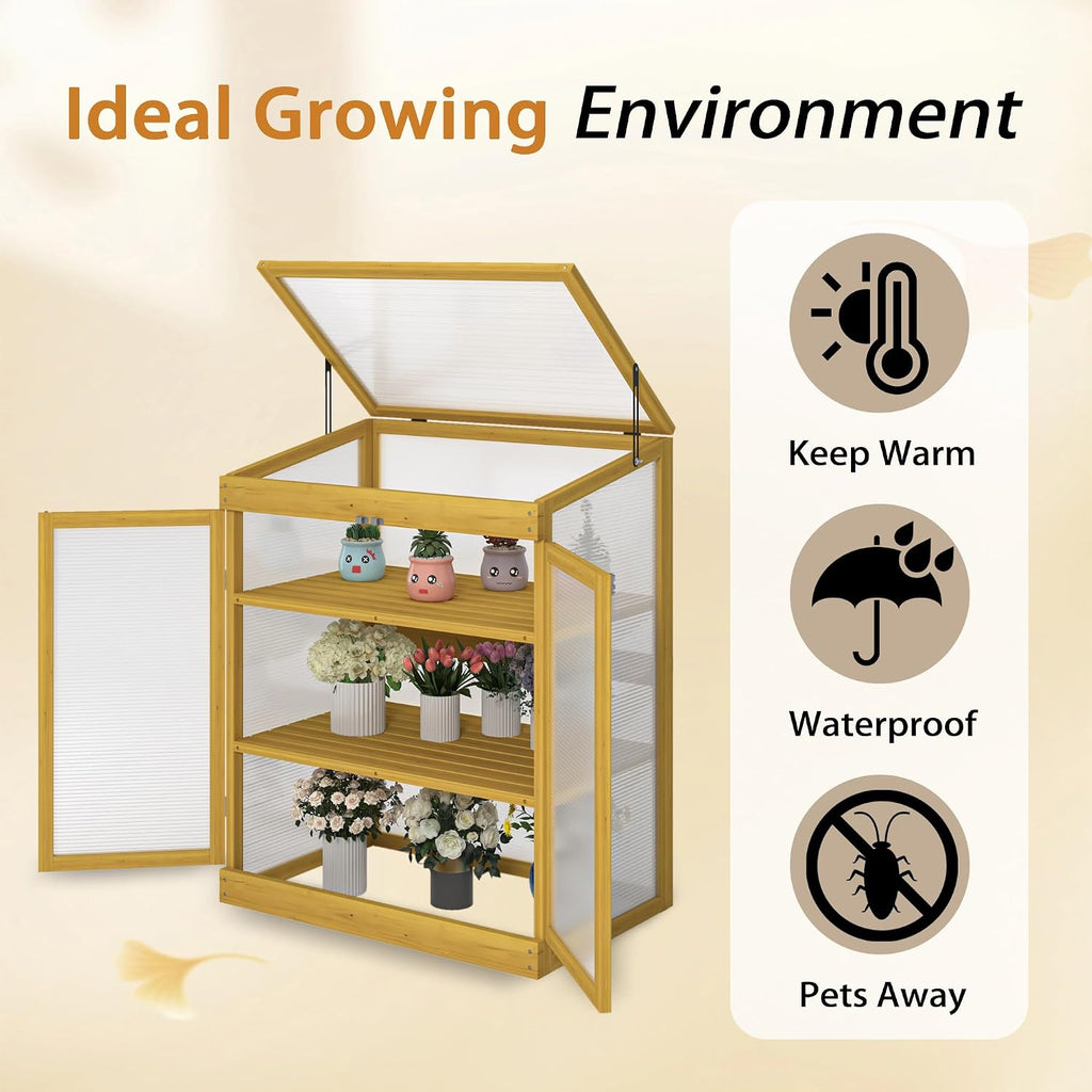 Wooden Cold Frame Greenhouse, 2-Tier Polycarbonate Mini Garden Greenhouse Cabinet, Durable Pine Wood Frame Keep